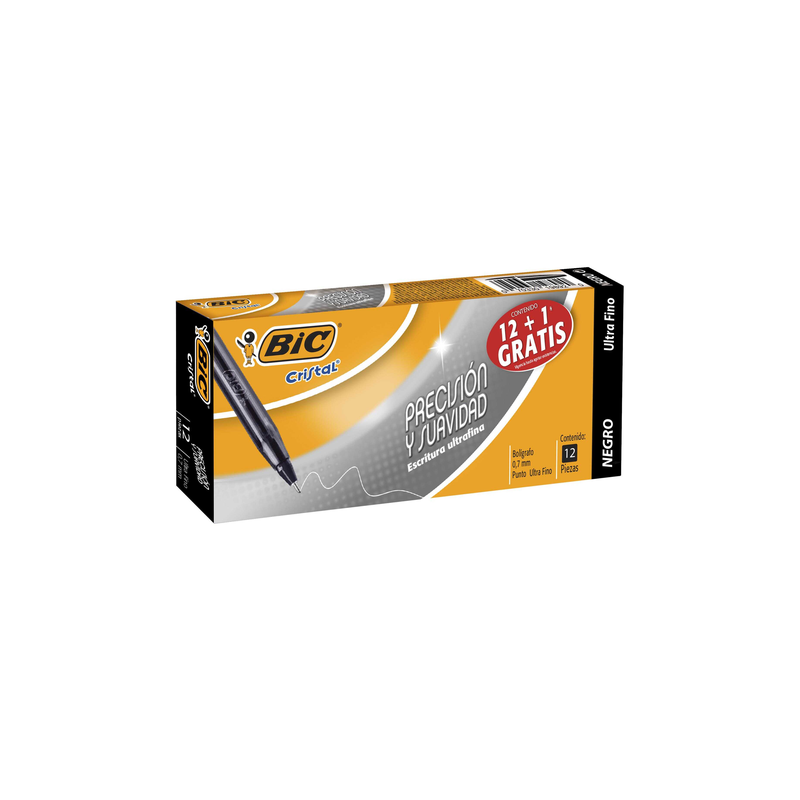 Pluma Bic Cristal .7Mm Punto Fino Negro C/12Pz