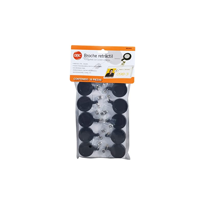 Broche Gbc Retractil Tipo Yoyo Negro C/10Pz